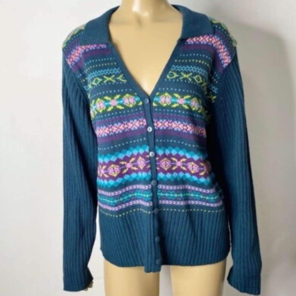 Norton McNaughton Teal and Purple Patterned Cardigan